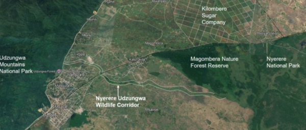 Map of a wildlife corridor in Tanzania